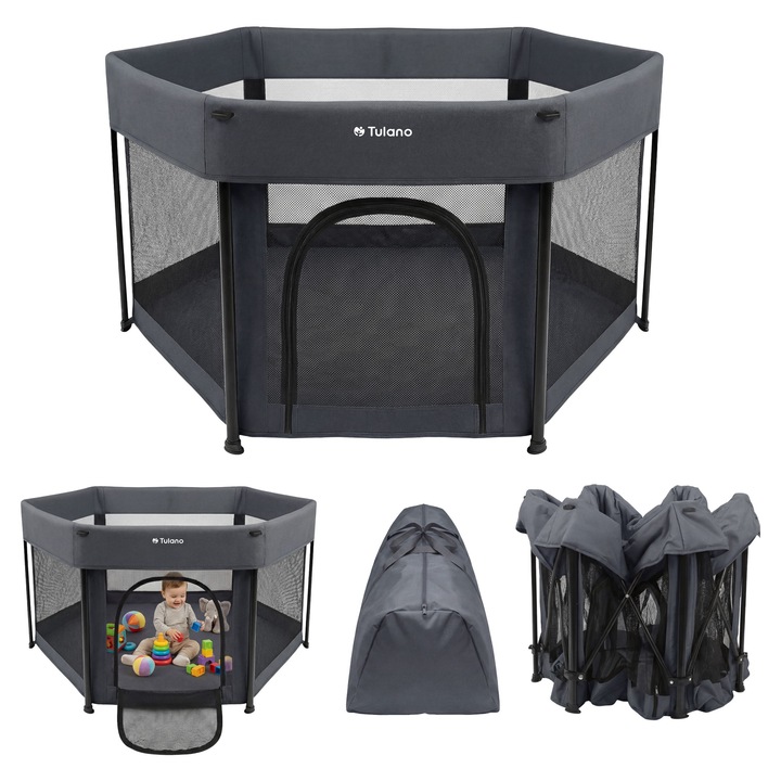 Детска площадка, Tulano Cozy 30, сгъваема, дишаща мрежа, изолиран под, размери 122 x 122 x 67 cm, графит