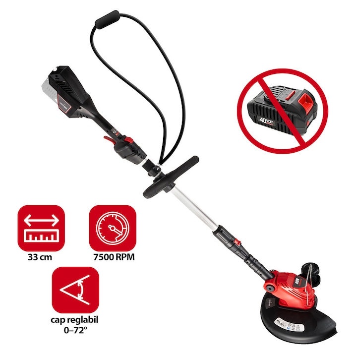 Акумулаторен тример за трева Lehmann LGABC-4025, диаметър на косене 30 cm, 40 V, 7500 об./мин., комплект без батерия и без зарядно устройство, регулируема глава 0–72°, червено/черен