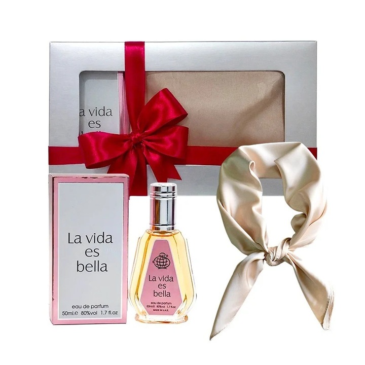 Set cadou Apa de Parfum La Vida es Bella Fragrance World 50ml, esarfa satinata crem
