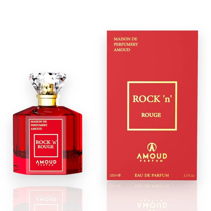 Amoud Rock 'N' Rouge Eau de Parfum, uniszex, 100ml, fás-virágos jegyek, piros és arany csomagolás