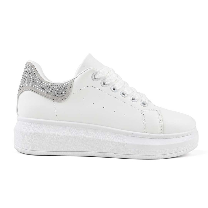 Pantofi Sport De Dama, Din Piele ecologica, D1478, Alb cu Gri, alb gri