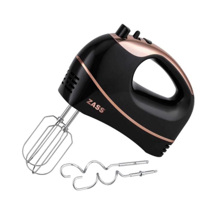 Ръчен миксер Zass ZHM 20, 300 W, 5 скорости, турбо функция, черен със златисто, куки за месене и бъркалки за разбиване