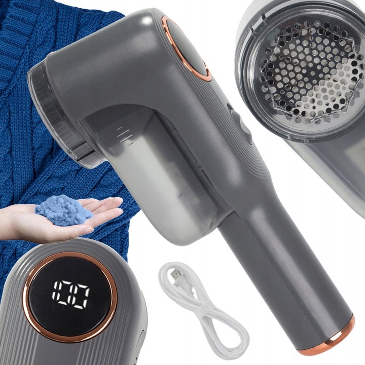Aparat electric pentru scame haine cu ecran LCD reincarcabil USB 7W 6 lame din otel pentru pulovere tapiterie paturi si textile gri