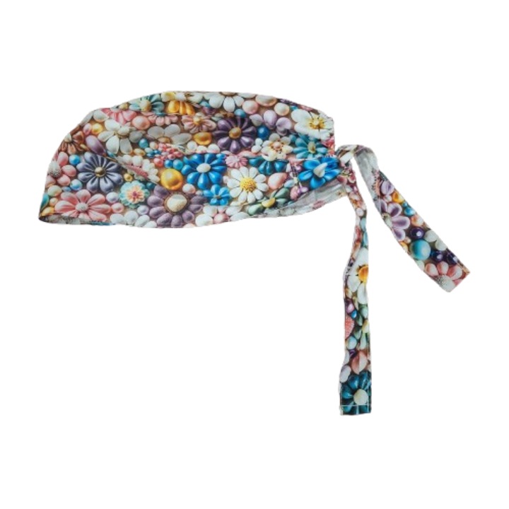 Boneta bumbac perle si flori, Bumbac, Circumferinta reglabila posterior cu elastic