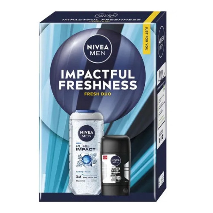 Nivea Férfi tusfürdő szett Pure Impact 3 az 1-ben, 250 ml + Izzadásgátló stift Men Black & White Invisible Original 50 ml Hatékony frissesség
