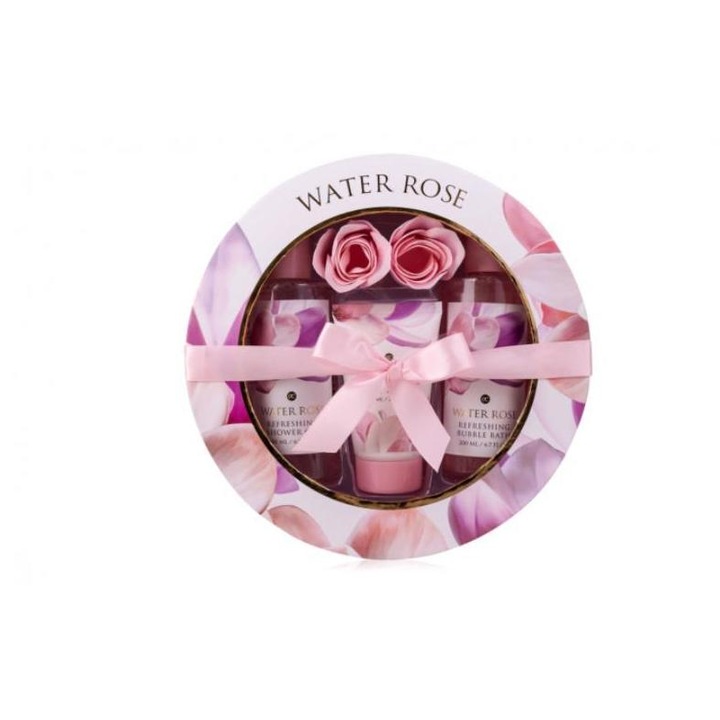Water Rose fürdőszett díszdobozban, 200ml habfürdő, 200ml tusfürdő, 75ml testápoló, 2 x 4 g fürdőrózsa, Accentra