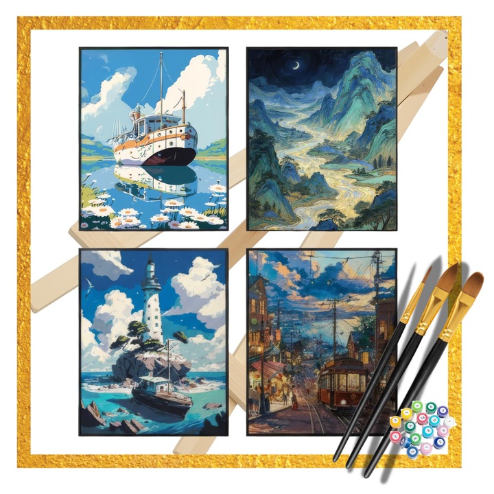 Комплект Картини по Номера 4 Картини 20x30 см с Платно на Бяла Рамка, Статив и Акрилна Боя, За Деца и Възрастни, FoxFlex® – Лодка, Планини, Фар, Трамвай