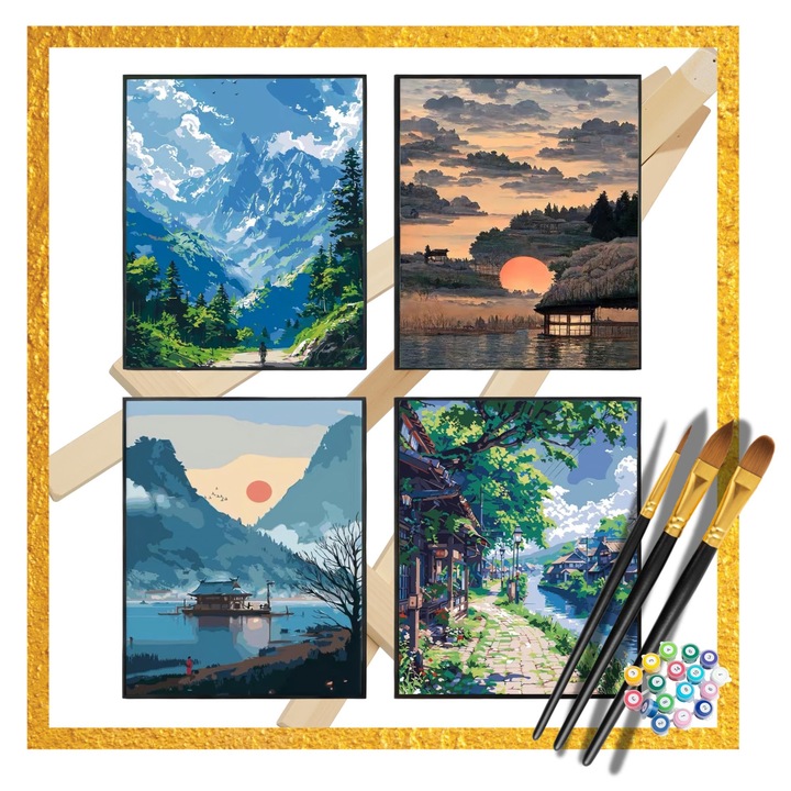 Комплект Картини по Номера 4 Картини 20x30 см с Платно на Рамка, Статив и Акрилна Боя, За Деца и Възрастни, FoxFlex® – Планини, Залез над Езеро, Японска Къща, Улица до Канал