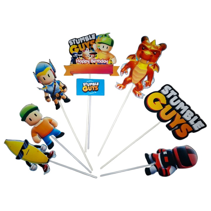 Decoratiune topper tort carton, tematica Stuble Guys, aniversare - 8 piese