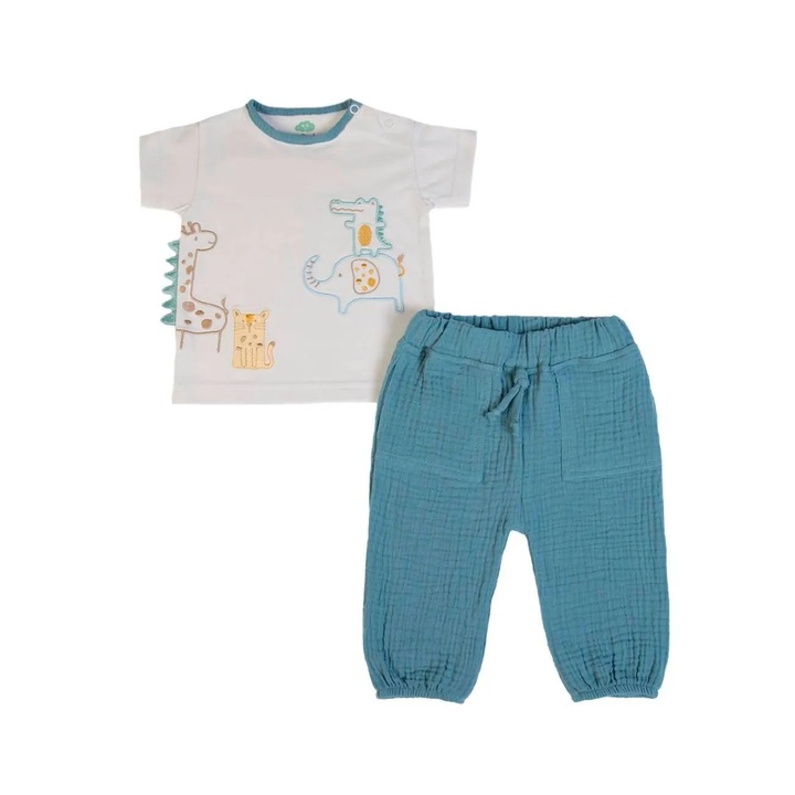 Set tricou & pantaloni muselina Ecru/Petrol