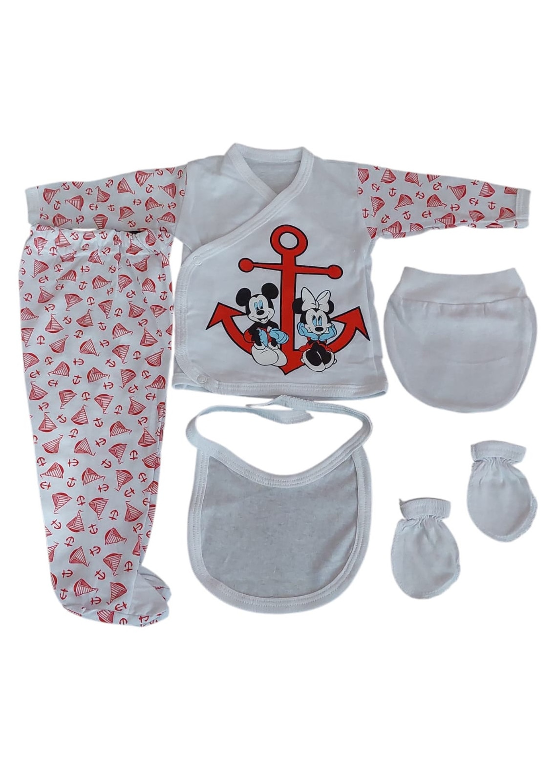 Compleuri copii - Set Bebelusi 5 Piese, 5C0003 Alb/Rosu, 0-3 luni, 56-62 cm 100%Bumbac, Albatex Home