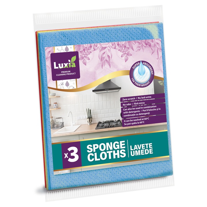 Lavete Umede Luxia set 3 buc, celuloza si bumbac, 16x16 cm