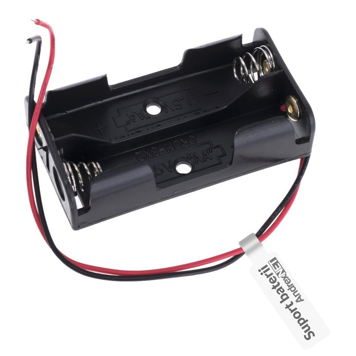 Suport pentru baterii 2xAA R6, tensiune 3V, din plastic ABS, fire conexiune 10cm