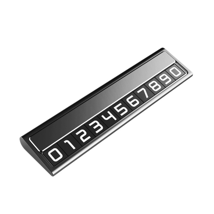 Suport Auto Numar Telefon Parcare, Flippy, Design Metalic cu Capac, Afisaj Ascuns Rabatabil, Cifre Magnetice Fluorescente, 11.8 x 3 x 1 cm, Negru