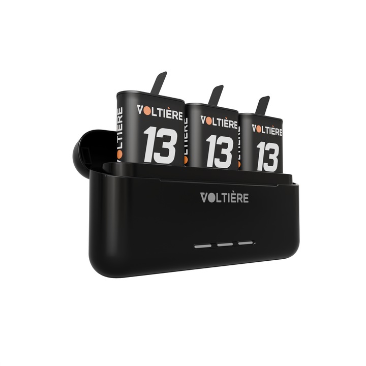 Set incarcator si 3 baterii, Voltière, Compatibil GoPro Hero 13, 1900mAh, 900mA x3, Negru