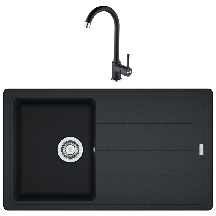 Set chiuvetă bucătărie Franke BFG 611-86 și baterie Pola, compozit granit, negru, dreptunghiulară, 86x50cm