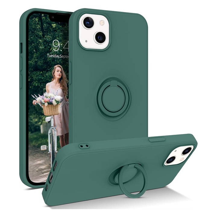 Husa din Silicon SoftHold cu Ring pentru Apple iPhone 15, Flexibila, Interior Microfibra, cu Suport, Prindere Sigura, Decupaje Precise, Verde