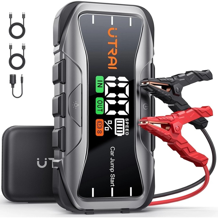 Starter auto UTRAI JS-10 6000A 27000mAh Booster baterie 12V pentru motoare benzina si diesel 12L incarcare rapida 65W USB C iesire DC 160W lanterna LED husa inclusa