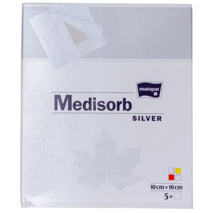 Pansament adeziv steril cu argint, Matopat, antibacterian și absorbant, 10x10 cm, set 5 bucăți