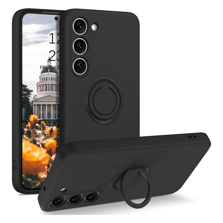 Husa din Silicon SoftHold cu Ring pentru Samsung Galaxy S23 Plus, Flexibila, Interior Microfibra, cu Suport, Prindere Sigura, Decupaje Precise, Negru