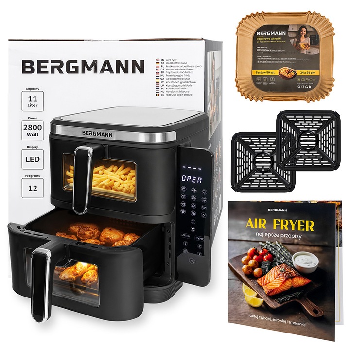 Friteuza cu aer cald BERGMANN YI 2x5,5L, 2800W, 12 programe, 60-200°C