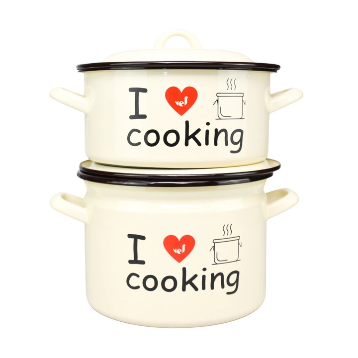 Oala + cratita Cooking, email, cu capac, crem, 18 cm, set 4 piese
