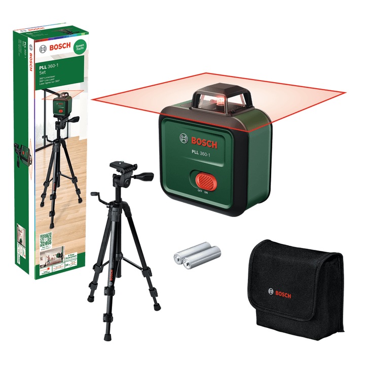 Nivela laser Bosch PLL 360-1 set, 0603663LZ0, proiecteaza o linie orizontala 360° pe 24m diametru, cu autonivelare, precizie de ± 0,4 mm/m, filet stativ 1/3, stativ TT 120, husa textila