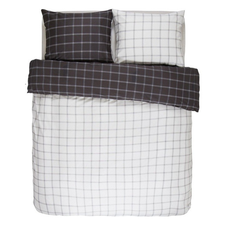 Antracyt-fehér pamutszatén ágynemű, dekoratív párnahuzat, kockás ágynemű, Essenza, 200 x 220 cm