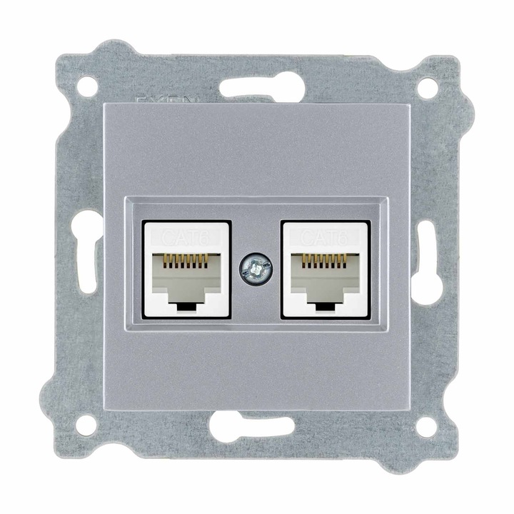 Priză dublă de rețea, Exen, seria KARELL, montare încastrată, argintie, 2 prize