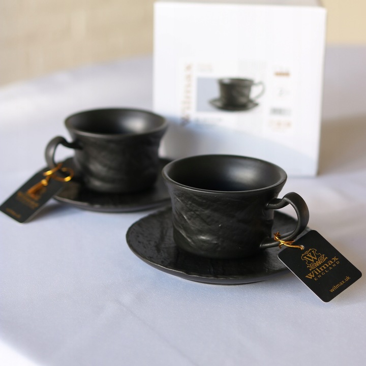 Ceasca de espresso cu farfurioara, Slatestone, 75 ml, neagra, portelan