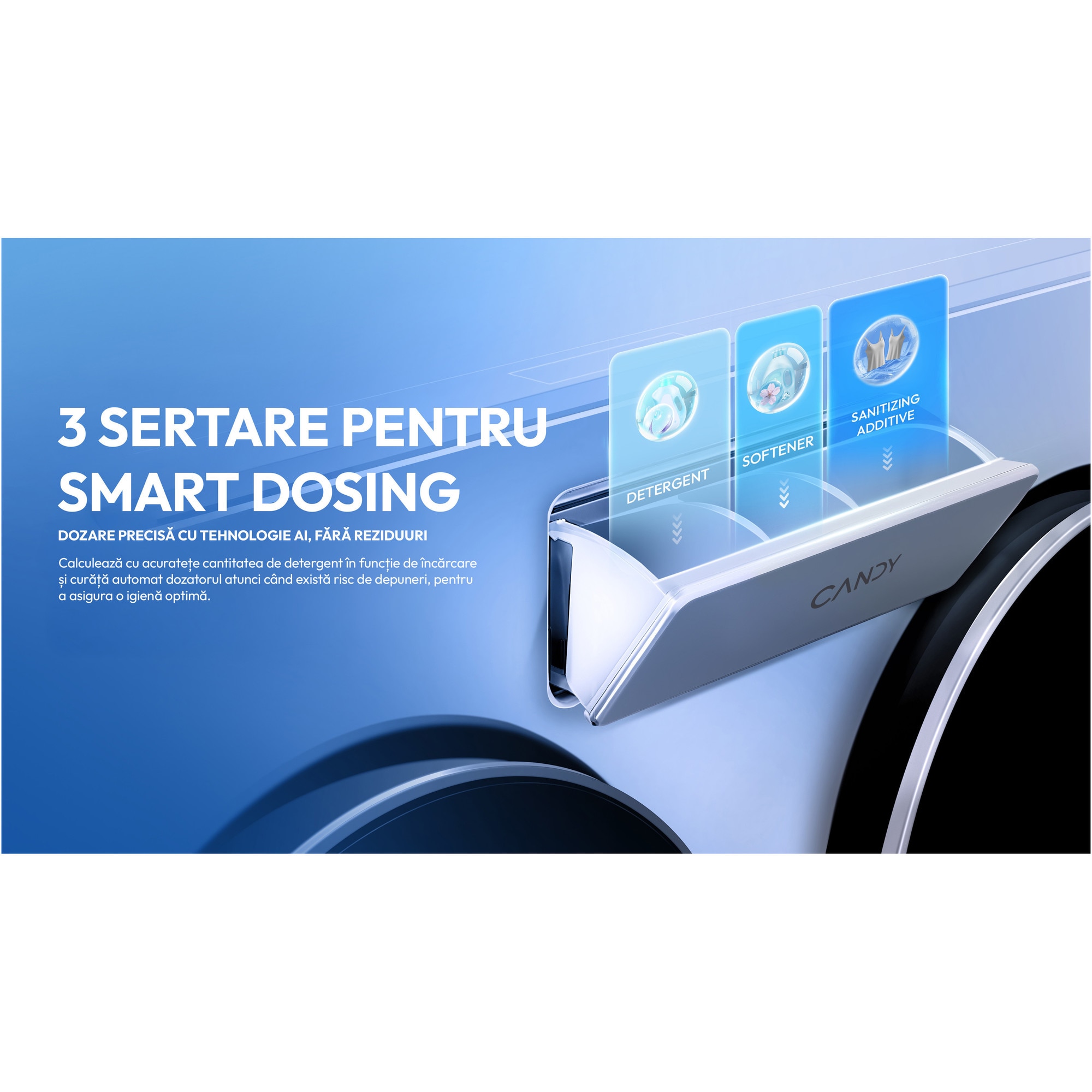 Masina de spalat rufe Candy MultiWash MQD 410CBL9-S, 3 cuve, 10+1+1kg, 1400 RPM, Clasa A, Dozare automata, sterilizare antimicrobiana UV, AI, alb