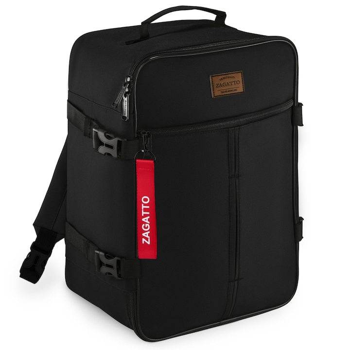 Раница за пътуване Zagatto, Ръчен багаж, Съвместима с Wizz Air, Компресионни презрамки, Прикрепяща се към куфар, Водоустойчива, Капацитет 24л, 10 кг, Отваря се на 90 градуса, Горна и странична дръжка, ZG1101, 40x30x20 см, Черен