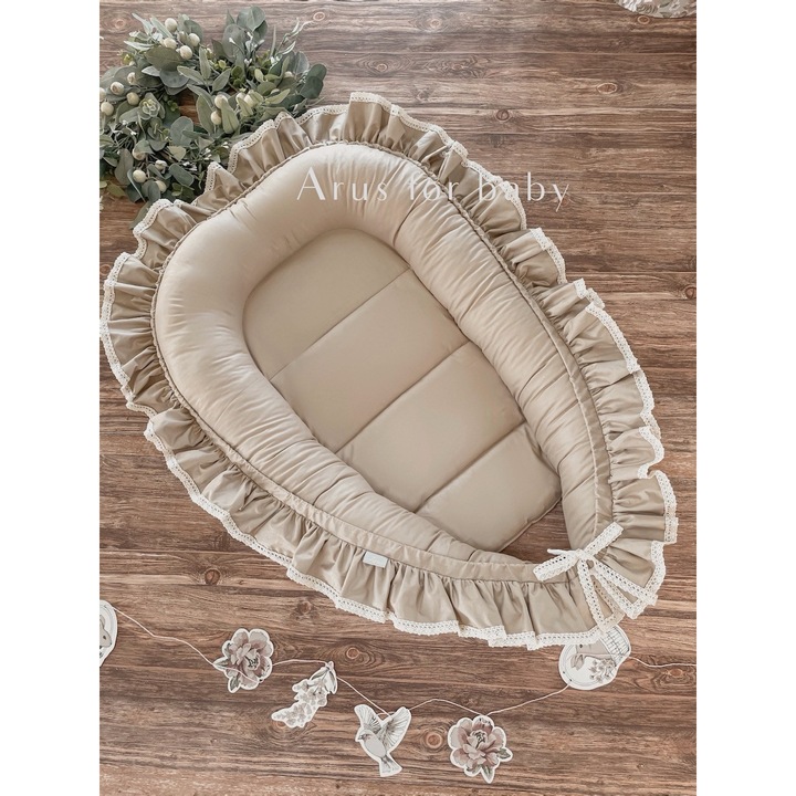 Kokon otulacz Arus, bumbac, bej cu dantela, 60x95cm, set pentru bebelusi