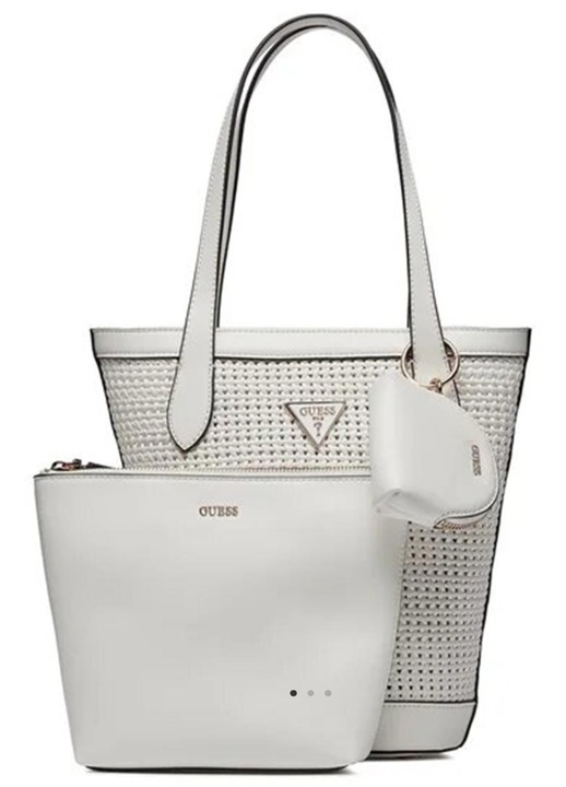 Geanta de dama Guess Emelda Tote, alb, cu pouch detasabil si portofel moneda, 29x30.5x11.5cm