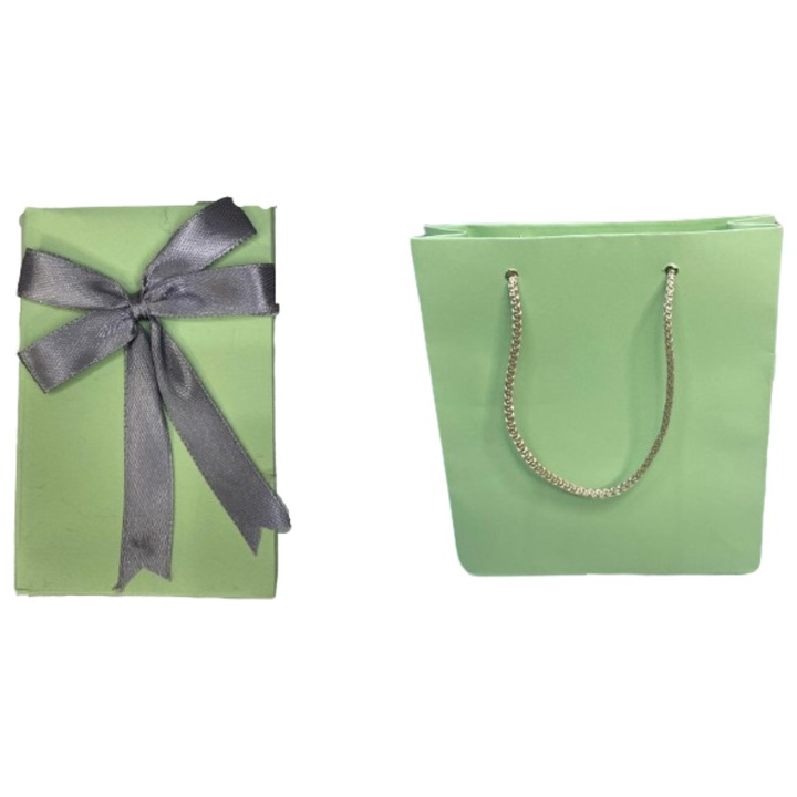 Set cadou cutie si punga - Nicas - cutie carton verde cu bentita diverse culori 6X9.5X2.9 cm - punga cadou verde 13x14, 5x4 cm - Tip M + S