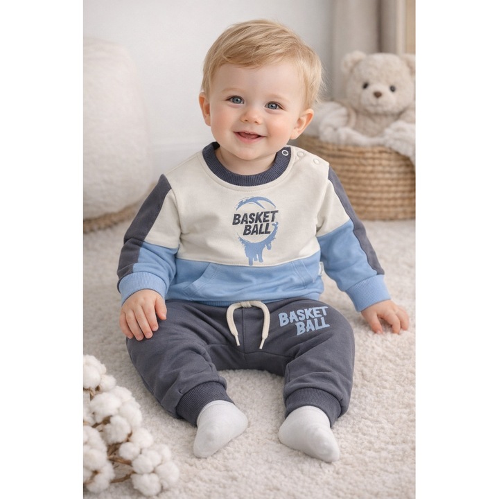 Set trening bebe baieti 2 piese bumbac compleu sport basket ball albastru gri