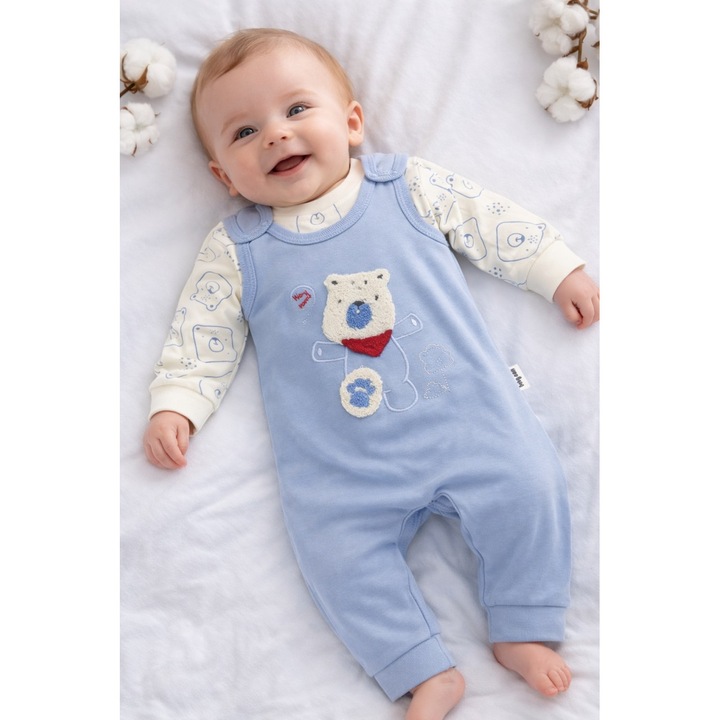 Set bebe baieti 2 piese salopeta albastra si bluza ursulet bumbac