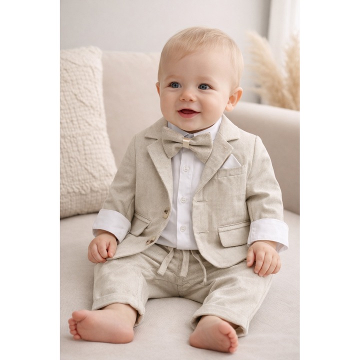 Елегантен костюм за момчета от 4 части, бежов сако, панталон, риза, папионка, премиум