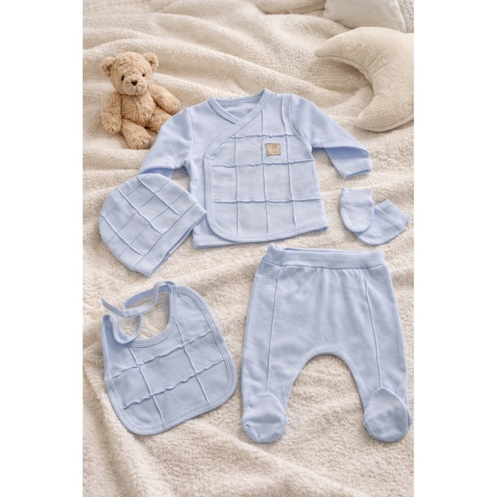 Set bebe 5 piese bumbac albastru pastel, 0-3 luni, 56-62 cm