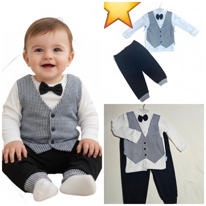 Compleu băiat, set 2 articole, bluza cu vesta atașată și pantaloni, alb-bleumarin, 9-12 luni