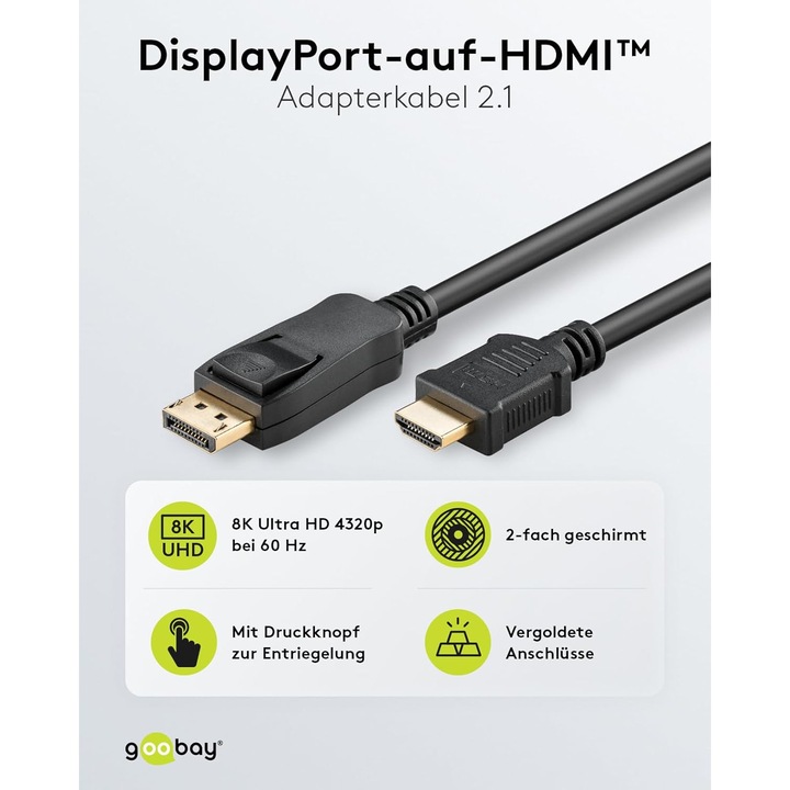 Cablu Goobay DisplayPort 2.0 la HDMI 2.1 8K 60Hz 4K 144Hz 1M