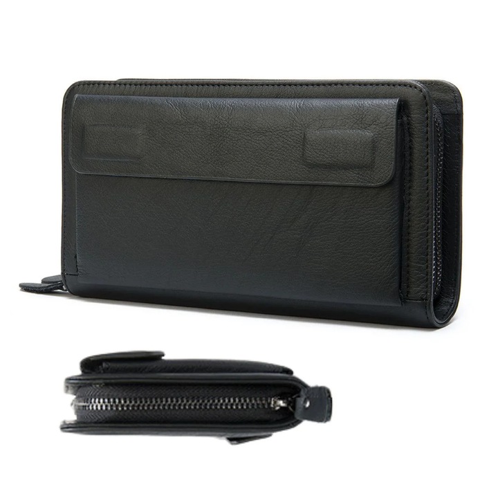 Portofel mare tip geanta mana piele naturala smartphone Smart Hold Busy Lady & Gentleman negru