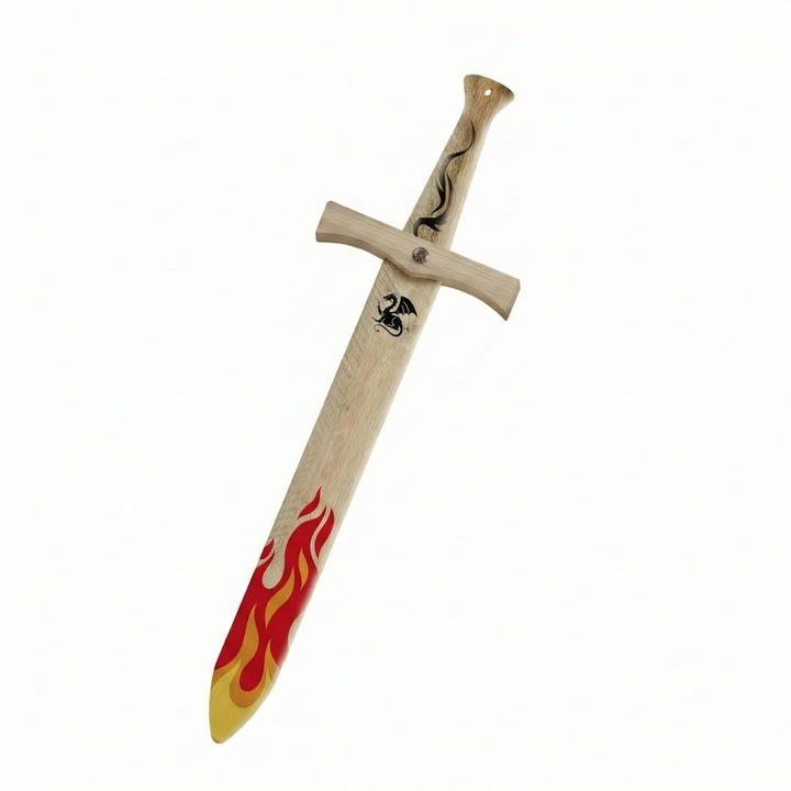 Sabie mica din lemn, stil cavaler, dragon si flacari, rosu