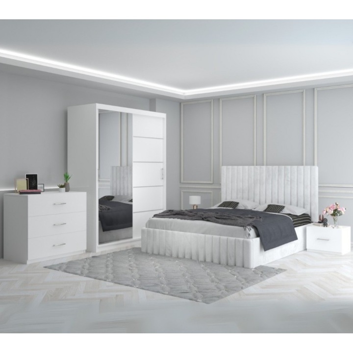 Dormitor Luca AmzMob Alb, set cu Comoda 3 Sertare, 160x200 cm
