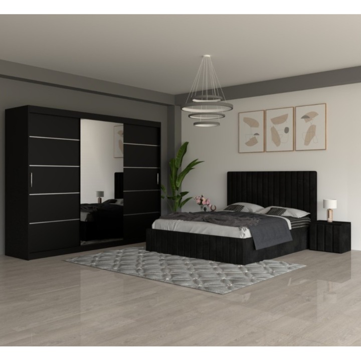 Dormitor AmzMob Melania Negru cu Dulap 250cm - 140x200