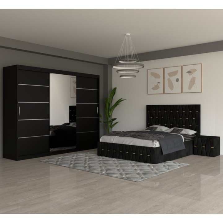 Dormitor AmzMob Eric Negru cu Dulap Negru 250cm - 180X200