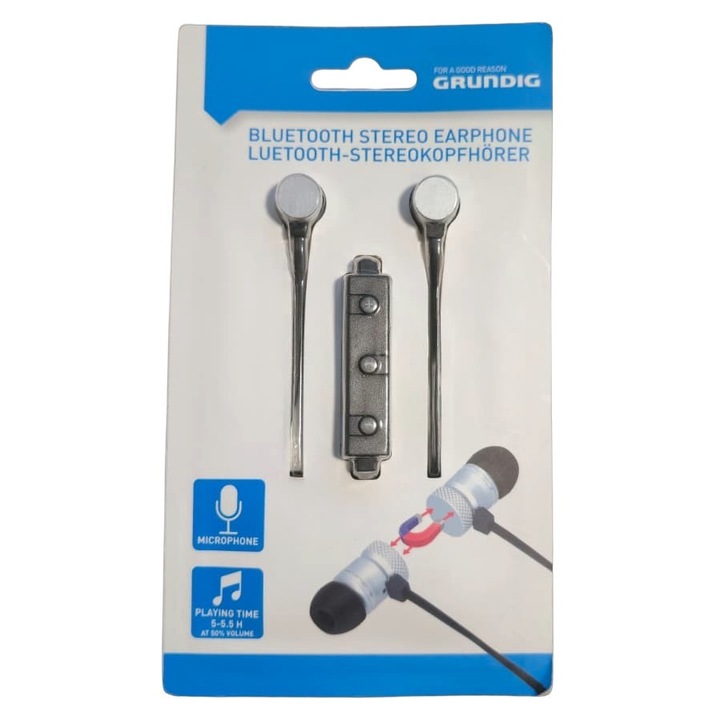 Bluetooth sztereó fejhallgató, beépített mikrofon, In-Ear, mágneses fejek, vezetékes távirányító, EZÜST, Grundig