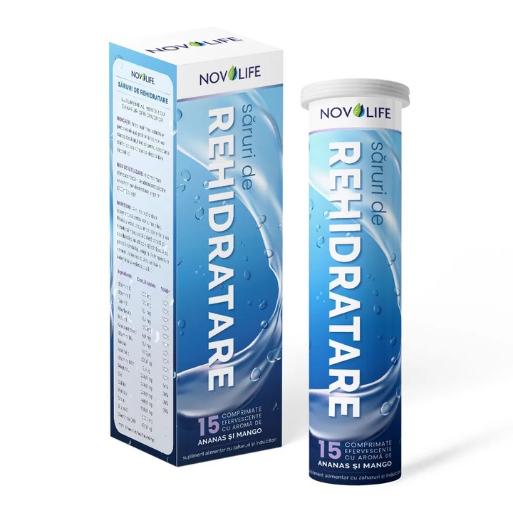 Saruri de Rehidratare cu Aroma de Ananas si Mango, 15 comprimate efervescente, Novolife