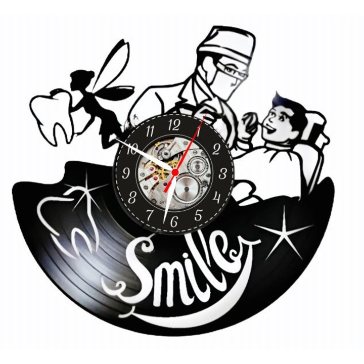 Ceas de perete decorativ, Smile & Care, Dental Fairy, Negru, Vinyl Record, Mecanism Skeleton