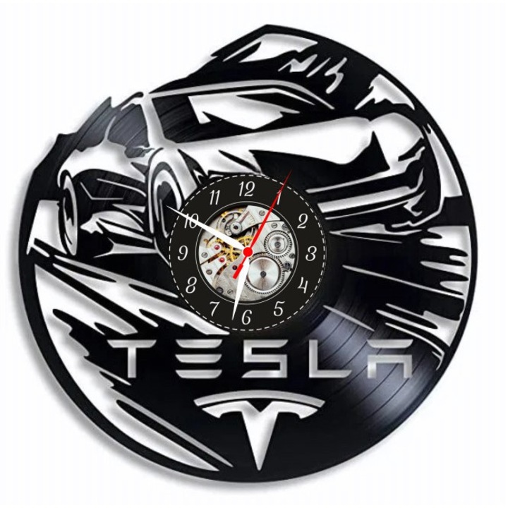 Dekoratív falióra, Tesla Concept, bakelit lemez, skeleton szerkezet, fekete-fehér, 30x30cm